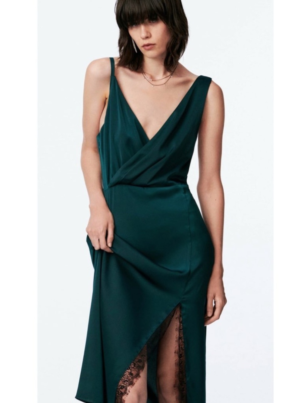 Zara Satin Effect Lace Slip Dress Size Small Emerald Green Midi